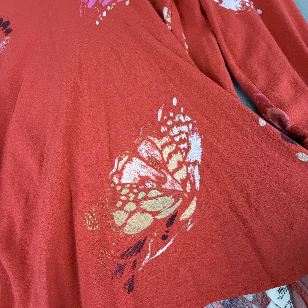Free People Tunic Shirt Womens Small Red Floral Butterfly Boho Long Sleeve Rayon - Picture 13 of 16